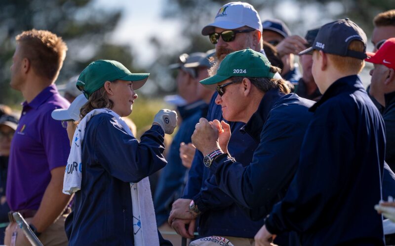Kipp Madison of the Boys 12-14 group reacts after chipping during the Drive, Chip and Putt National Finals at Augusta National Golf Club, Sunday, April 7, 2024.