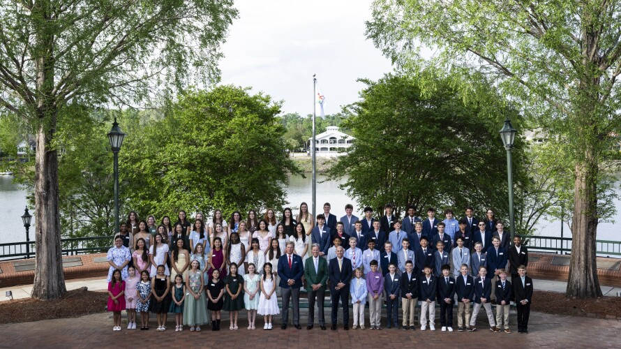 Fred S. Ridley, Chairman of Augusta National Golf and the Masters Tournament poses with participants from the 2026 Drive, Chip & Putt National Finals.